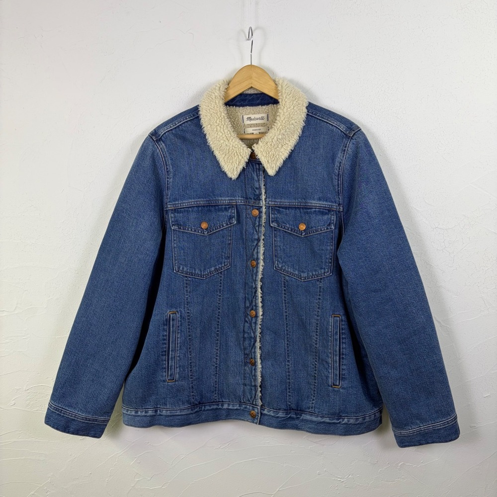 Madewell Denim Trucker Jacket Women 2X Oversized Sherpa Lined Blue Boxy Western